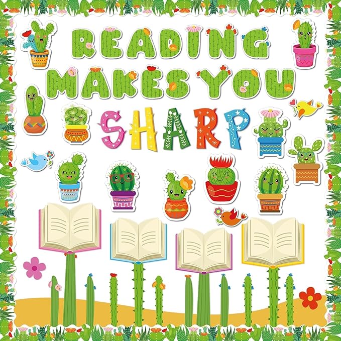 gisgfim Cactus Reading Bulletin Board Decorations Set Spring Classroom Cactus Bulletin Board Border Cutout Reading Makes You Sharp Bulletin Board Craft School Home Wall Decor Back to School Supplies