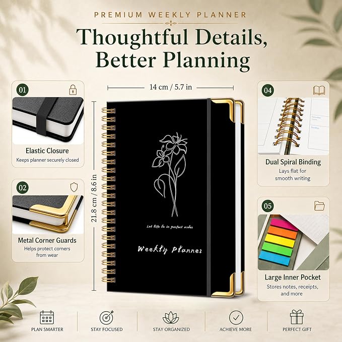 Undated Weekly Planner, Weekly To Do List Notebook with Goal & Habit Tracker Organizer, A5 Hardcover Weekly Planner for ADHD, Office School Home Supplies, Reduces Stress and Boosts Productivity - Black