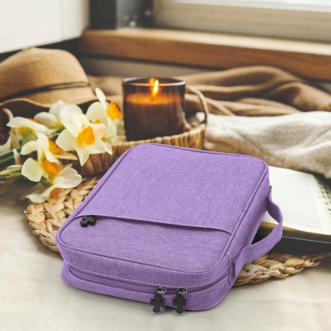 MOSLA Bible Cover Bag with for Women Men, Scripture Study Carrying Book Cover Church Bag with Handle and Pocket for Fathers Mothers Mom Kids, Catholic Church, Christian Gifts (violet, M)