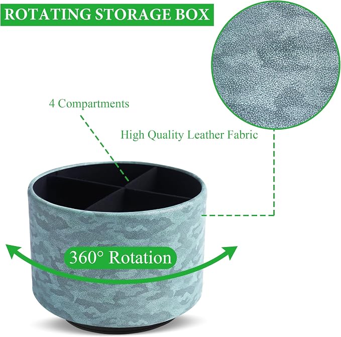 Round Leather Art Supply Organizer,Remote Control Holder,360 Degree Rotating,Multi-Functional Pencil Holder,4 Compartments Desktop Stationary Organizer(1-Camouflage Green)