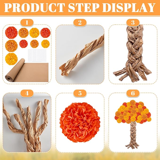 Fall Thanksgiving Tree Bulletin Board Set DIY 3D Tree with Paper Pom Poms Kraft Craft Bulletin Board Classroom Wall Decorations for Fall Thanksgiving Party School Chalkboard Teacher Supplies (Orange)
