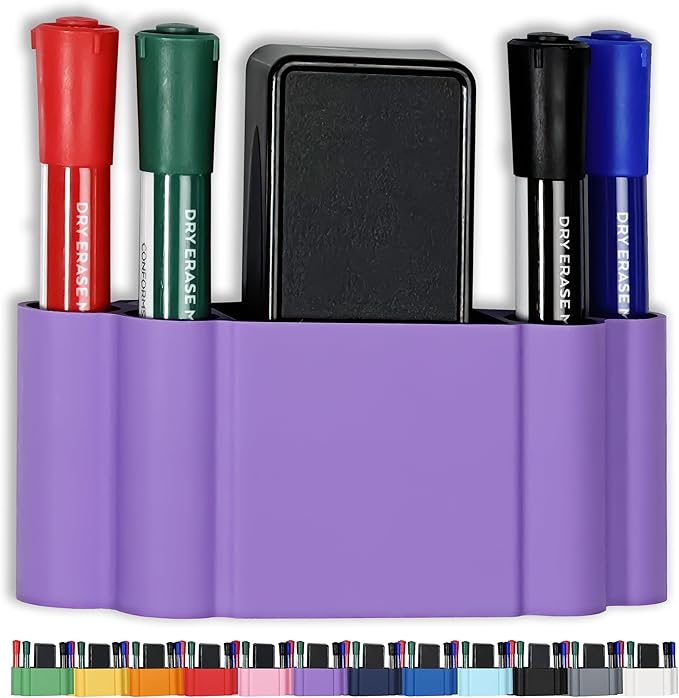 Glassboard Studio Magnetic Dry Erase Marker Holder - Super Strong for Magnetic Glass Whiteboard or Fridge - 2 Large Neodymium Magnets - No Slip Grip - Eco-Friendly PLA Plastic (Periwinkle Purple, KIT)