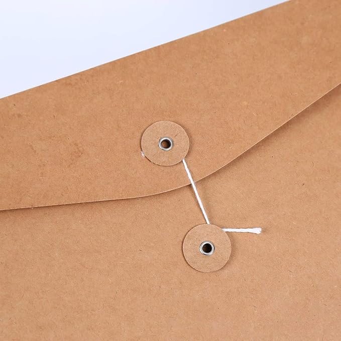VANRA Kraft String Envelope File Folder Project Pockets File Jacket Document Organizer Flat-No Expansion A4 Letter Size (Kraft Brown, Pack of 5)
