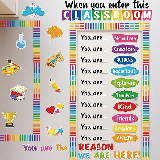 Dispowreath 74 Pcs Positive Affirmation Bulletin Board Decoration Set When You Enter This Classroom Decorations Motivational Rainbow Posters for Welcome Back to School Classroom Bulletin Board