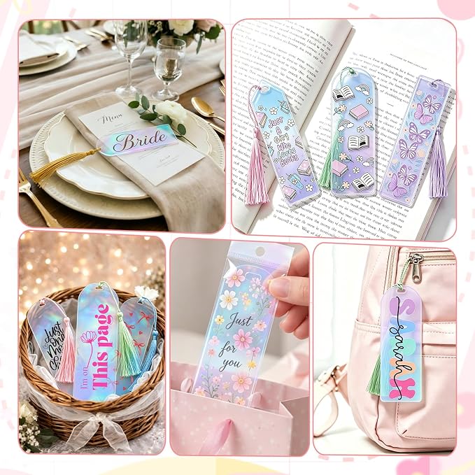 90Pcs Acrylic Bookmark Blanks Kit,30 Set Iridescent Clear Acrylic Bookmarks with 30 Tassels & 30 Self-Adhesive Bags for DIY Crafting Projects and Book Lovers Gifts