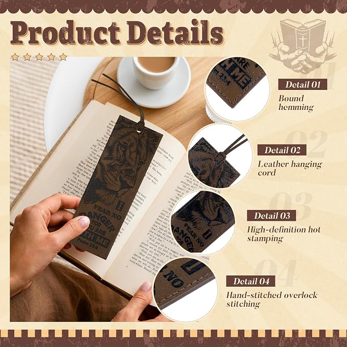 1PC Leather Bookmark Bible Bookmarks for Reading Women Men Book Lovers Gifts, Stitched Religious Christian Bookmark Page Markers Inspirational Bible Verse Scripture Book Marks (Vintage-2-Lion)