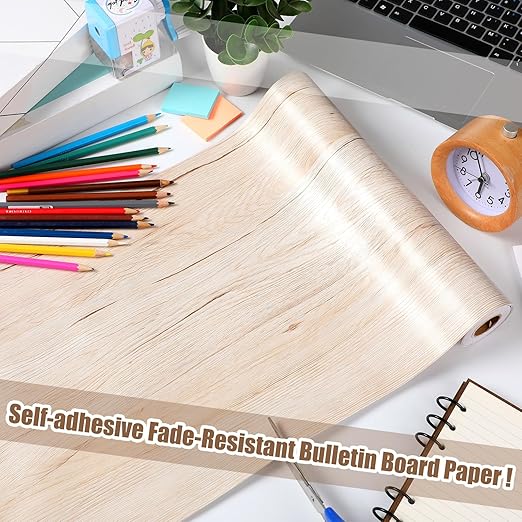 Mooliwe Fade-resistant Bulletin Board Paper, 11.81inx32.81ft, White Wood Grain Style, Self-adhesive, Poster Art Craft Supplies for Classroom Office Home Decor Gift Wrapping Floor Poster Covering Table