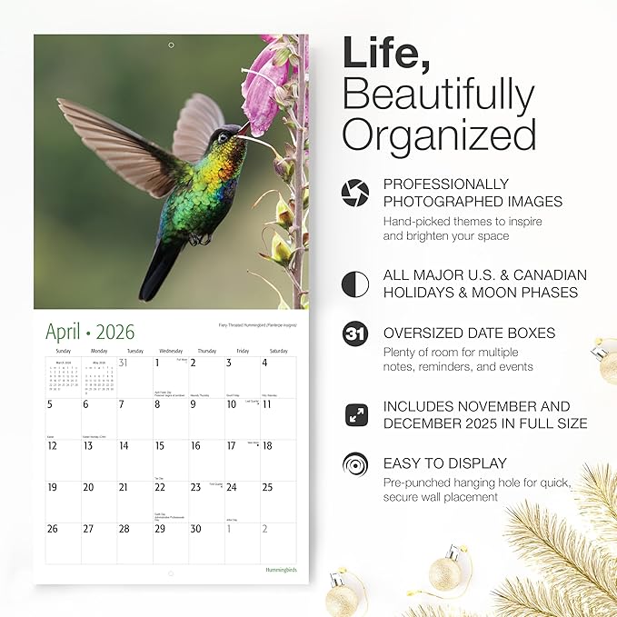 RED EMBER Select - Hummingbirds 2026 Wall Calendar 12 Month | 12" x 24" Open | Thick & Sturdy Paper | Giftable | Bird Calendar 2026