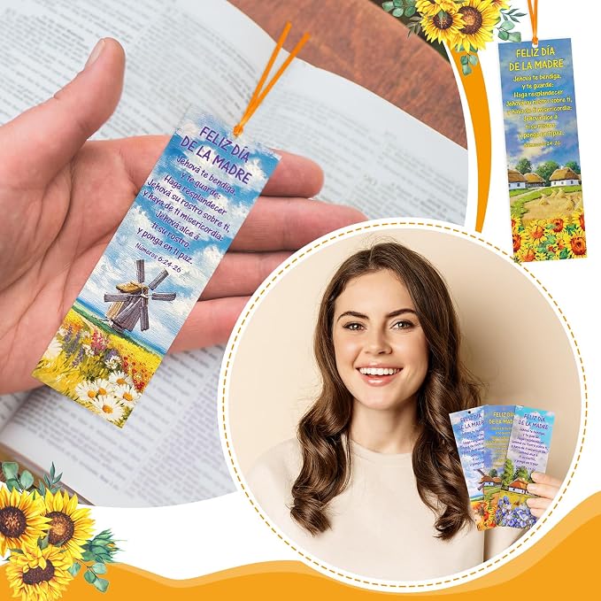 Skyygemm 60 Pcs Spanish Happy Mother's Bookmark Nameros 6: 24-26 Mother's Gift Bookmarks Religious Inspirational Bookmarks for Church Women Mom Appreciation Gift