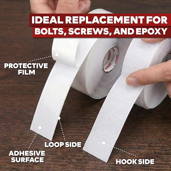 Hook and Loop Roll, White, 1-in x 10-Ft Hook and Loop Tape Heavy Duty Strips with Adhesive, Fastening Strips with Adhesive for Fabric, Tools - XFasten