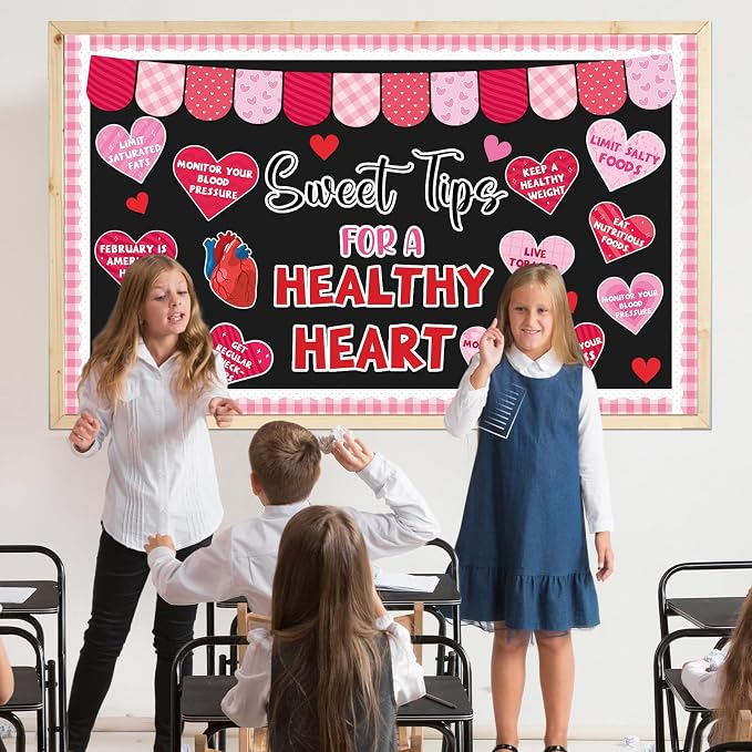 Valentine's Day Health Bulletin Board Set Pink Red Heart Paper Bulletin Board Valentines Classroom Sweet Tips for a Healthy Heart Cutouts for Valentines School Classroom Home Chalkboard Wall Decor