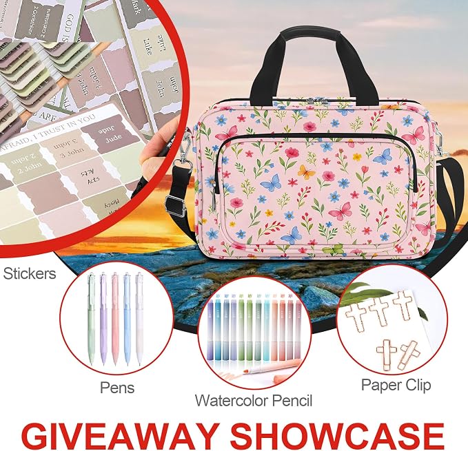 Cute Flower Large Bible Cover Case for Women Girls Organizer, Church Bag Book Carrying Case with Highlighters Shoulder Strap Pens Cross Clip Study Supplies Journaling Kit, Christian Gifts Pink