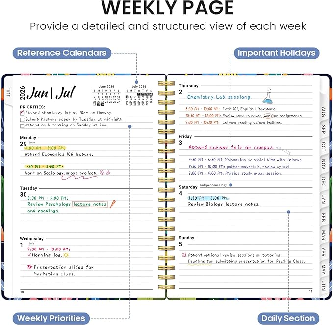 Planner 2026-2027, Academic Monthly and Weekly Calendar Planner for Women, July 2026 - June 2027, Hardcover Pretty Agenda Planner Book with Tabs, Spiral Daily Organizer for School Office Home Supplies, 6.3" x 8.5" - Bloom Burst