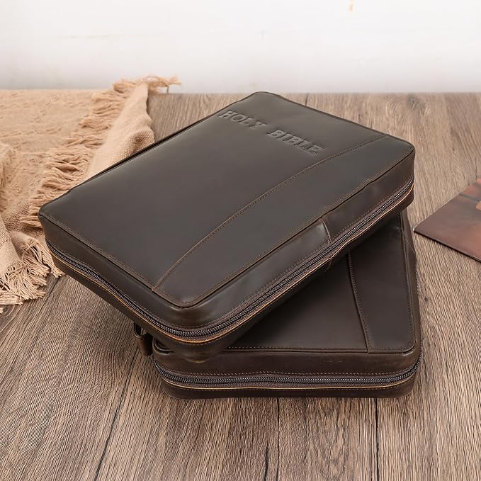 Polare Full Grain Leather Holy Bible Cover Church Bag 11x8.25x2.25 inch Bible Carrying Book Case Protective Organizer Holder