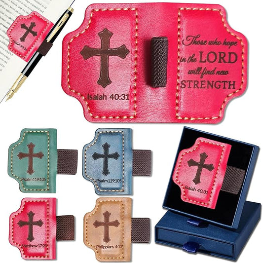 Bygone Mark Personalized Magnetic Leather Bookmark with Pen Holder,Inspirational Bible Verse Religious Bookmarks,Christian Book Lovers Reading Accessory for Men Women (RED, lsaiah 40:31)