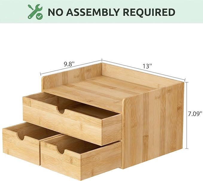 Desk Organizer with Drawers - Bamboo Desktop Organizer Storage | Wood Desk Drawers Organizer for Bills, Office Supplies, Cosmetics, Seals No Assembly Required