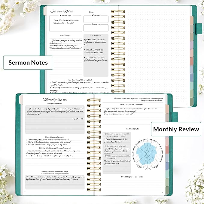 SUNEE Christian Planner - Undated 12 Month Bible Journal and Prayer Planner A5 Spiral Bound, Monthly & Weekly Christian Organizer Gifts for Women Men (Pacific Green)