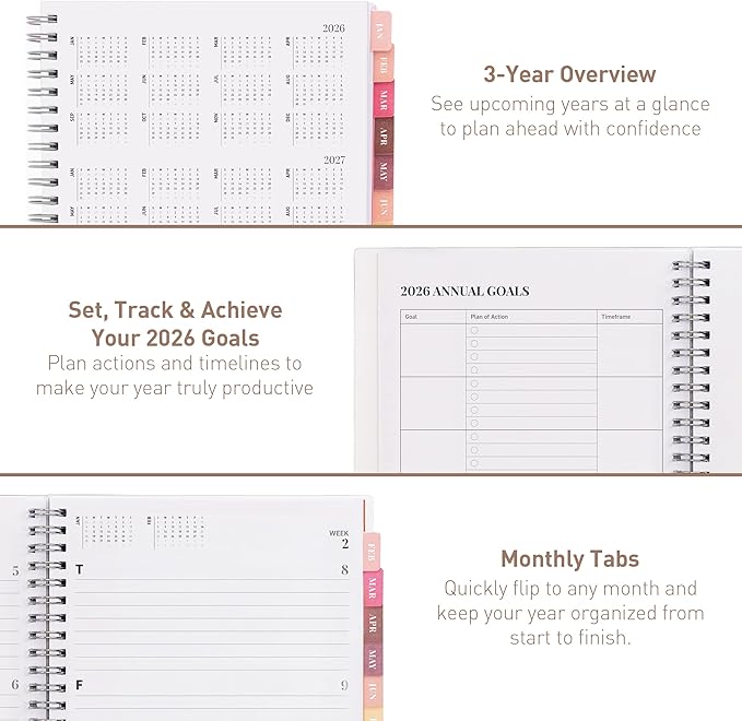 Rileys 2026 Planner, Agenda Planner With Weekly And Monthly View, Daily Agenda Book And Yearly Planners Calendar Book, Spiral Bound With Tabs, Notes, Goals And Holidays (Black, 8 x 6 in)