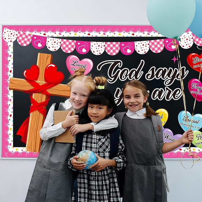 Valentine's Day Religious Bulletin Board Decoration Set, Valentines Day Christian Inspirational Classroom Decorations Love Hearts Cross Cutouts Church Library School Home Wall Door Decor for Teacher