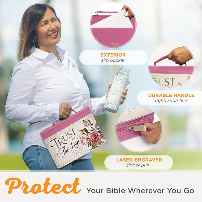 Christian Art Gifts Rose Pink Floral Fashion Bible Cover for Women: Trust in the Lord - Prov. 3:5 Inspirational Scripture Verse, Vintage Vegan Leather Book Carry Case Bag w/Stationery Storage, Medium