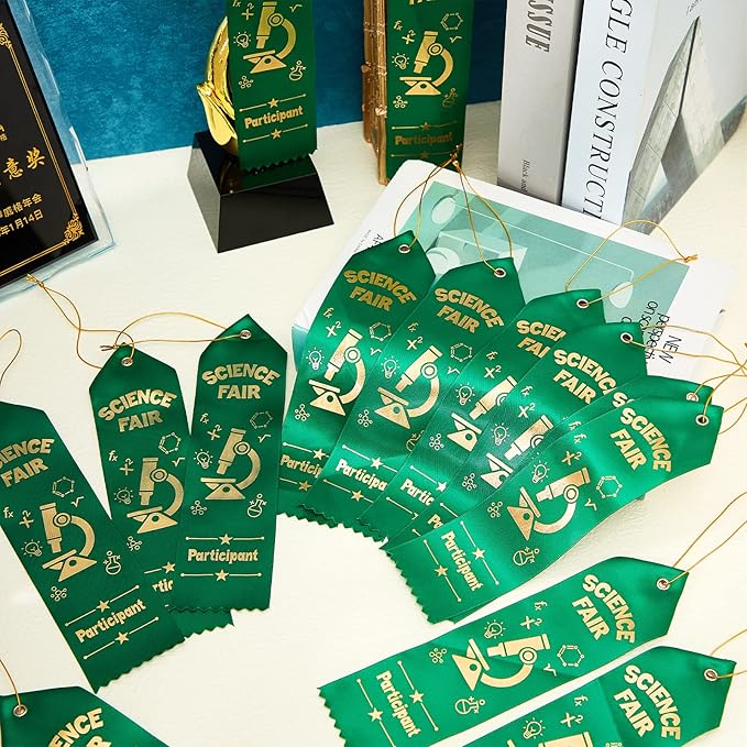 Taiyin 50 Pcs Science Fair Participant Award Ribbons with Event Card String Green Participation Prize Ribbons for Science Fair Competition Event School Team