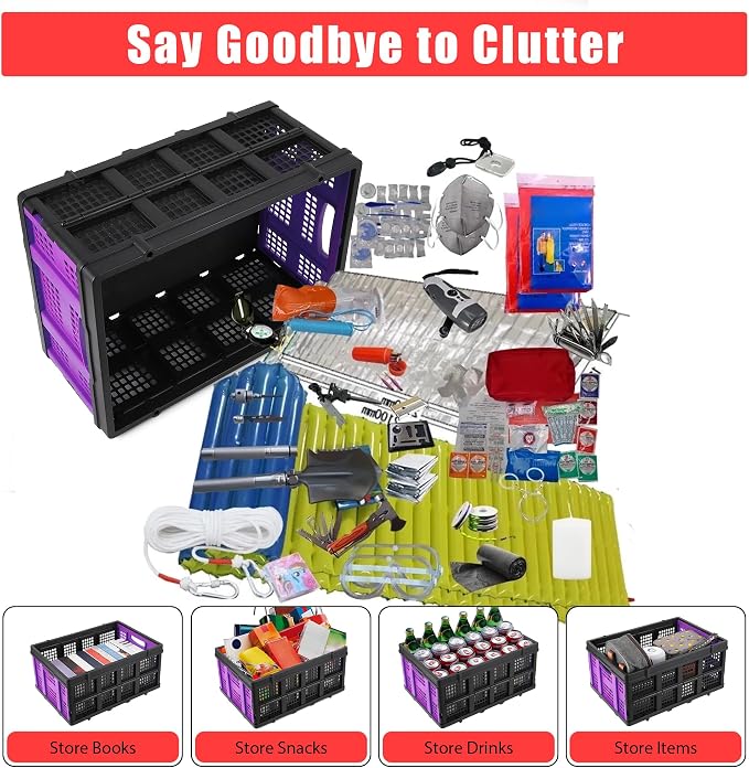Heavy Duty Collapsible Storage Crate 55L – Stackable Collapsible Plastic Bin with Handles – Multi-Purpose Organizer for Home, Kitchen, Garage, Office, Camping – Extra-Thick Design – Purple