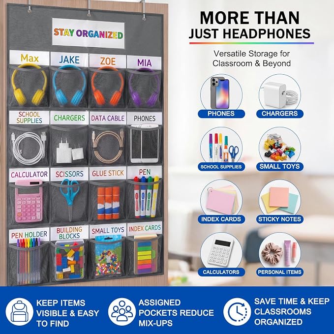 AmazingSpark 16 Pockets Classroom Headphone Storage Thickened Non-woven Fabric Mesh Pocket Chart Over The Door Hanging Cell Phone Organizer with Signed Card for Back to School Classroom Library, Gray