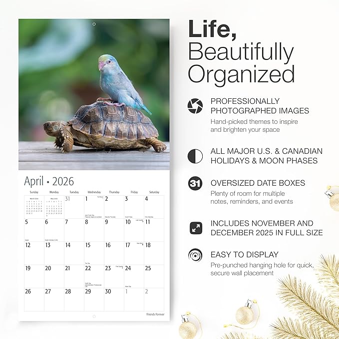 RED EMBER Friends Forever 2026 Wall Calendar 12 Month | 12” x 24” Open | Thick & Sturdy Paper | Holiday Gift | Animal Unlikely Friendships Calendar 2026