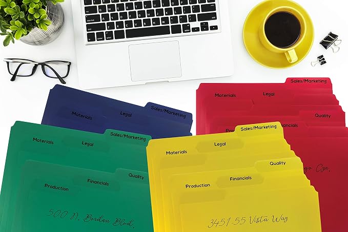 Better Office Products Heavyweight Poly File Folders, 1/3 Cut, Top Tab, 24 Per Box, Letter Size, Assorted Colors-Red, Blue, Yellow Green, 24 per Box