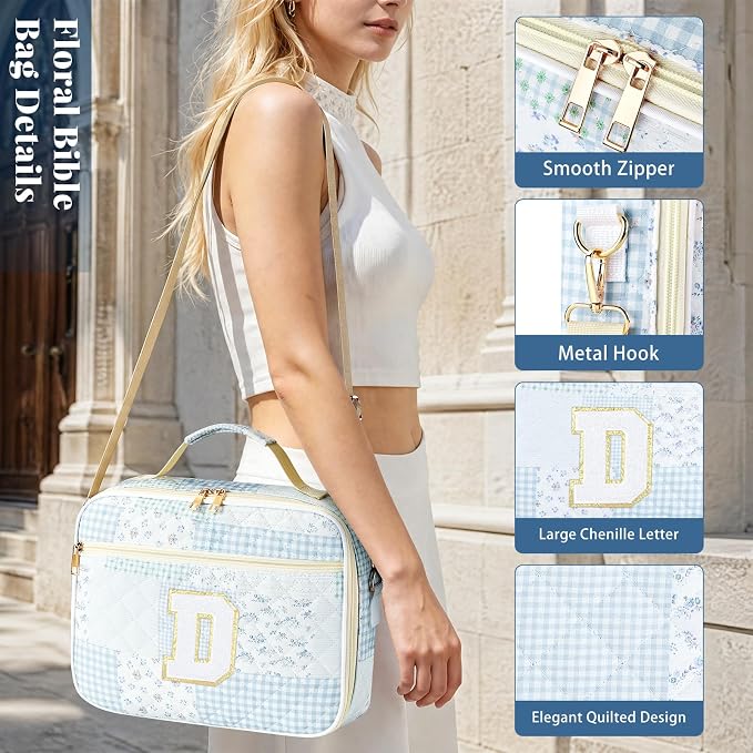 Personalized Initial Bible Cover Case for Women, Large Quilted Bible Bag with Durable Handle, Stylish Church Bag Journaling Kit with Study Supplies Accessories, Christians Gifts for Women (Spliced-D)