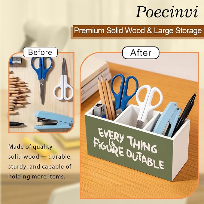 Olive Green Inspirational Pen Holder for Home Office Desk, Everything Is Figureoutable Positive Affirmations Wooden Box Sign Pencil Holder for Desk Shelf Organizer