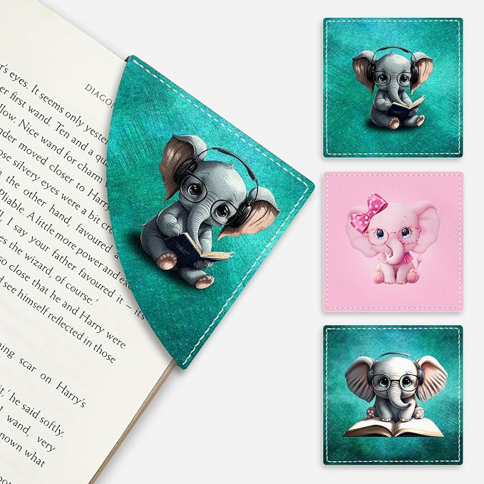 Icycay Cute Elephant Corner Bookmarks, Funny Leather Book Accessories for Book Lovers, 3 Pcs Reading Book Page Markers for Women Men Student Teacher Girls Boys Kids Retirement Birthday Gifts