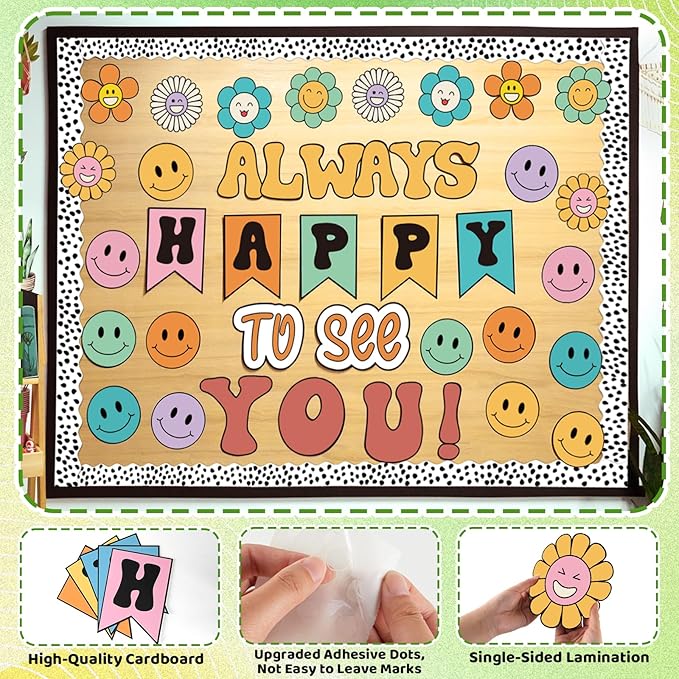 VABAMNA 63 Pcs Groovy Bulletin Board Decorations Set Retro Happy Face Classroom Decor with Black Dots Border Trims for Back to School Classroom Wall Door Decor