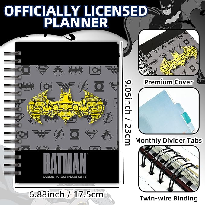 Batman 2026 Planner – Superhero Undated Daily Weekly & Monthly Planner with Calendar & Holiday Tracker, Monthly Tabs, Habit Tracker, 12 Months Spiral Agenda Book for Office School Gift Supplies