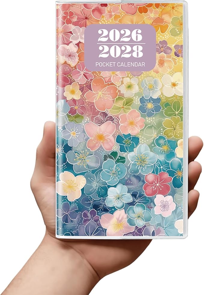 Pocket Calendar 2026-2028 Floral Series, Monthly Planner Jan 2026 to Jul 2028 (3.7" x 6.7") Perfect Purse Calendar, Pocket Agenda with Protective Plastic Sleeve-Color Floral