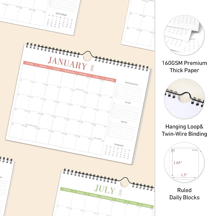 Aesthetic Wall Calendar 2026, 18 Monthly Horizontal Calendar January 2026 to June 2027, 14.5" x 11.5" Modern Wall Hanging Calendar for School, Home, Office for Monthly Organizing & Planning