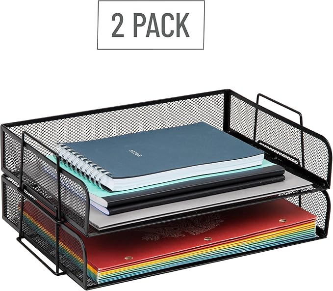 Mind Reader Stackable Paper Tray, Desktop Organizer, File Storage, Office, Metal Mesh, 13.25" L x 9.75" W x 6.25" H, 2 Pcs., Black (Pack of 8)