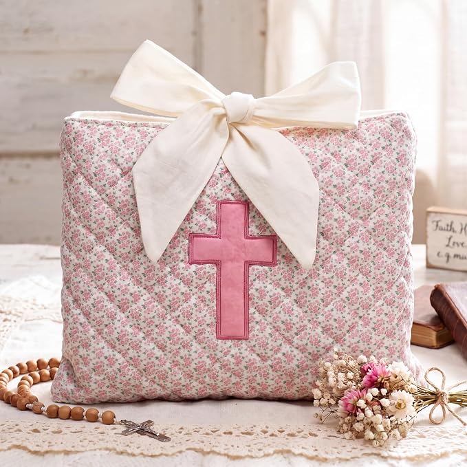 Honoson Quilted Bow Bible Sleeve Cover Case Padded Protector Washable Bible Bag Pouch Christian Gift for Women Girls Book Lover Gifts(Pink Floral Cross)