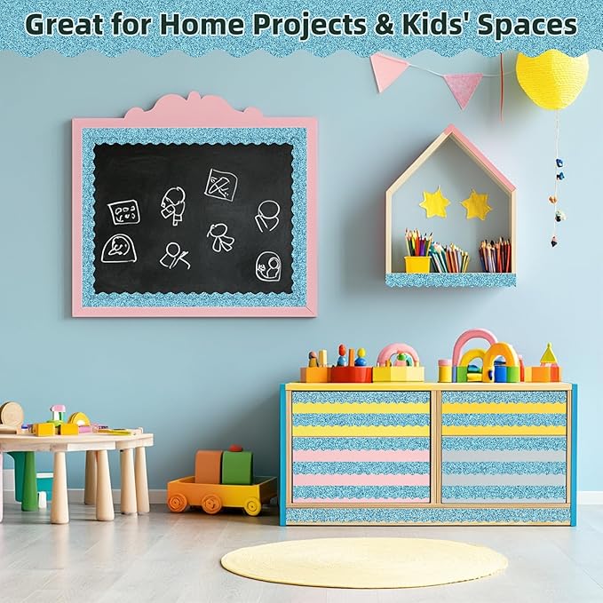 3 Rolls 98.4 Ft Glitter Bulletin Board Borders Set - Sky Blue Bulletin Board Decorations for Classroom, Office，School Supplies & Home DIY - Perfect for Teachers, Posters & Birthday Party Decor