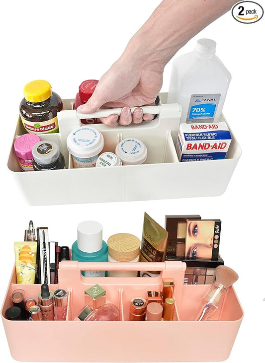 Portable Caddy Organizer -2 Stackable Plastic Caddy with Handle | Desk, Makeup, Dorm Caddy, Classroom Art Organizers (Made In Usa) (Ivory/Indie Pink)