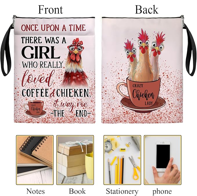 Crazy Chicken Lady Book Cover, Waterproof Book Sleeve with Zippered Front Pocket Retro Flowers Book Pouch for Book Lovers, Christmas, Birthday, Graduation Gifts (Chicken, Large)