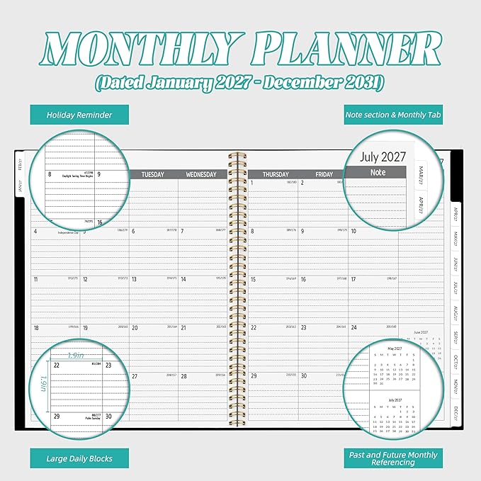 2027-2031 Monthly Planner 5 Year Monthly Planner/Calendar 2027-2031, Jan 2027 – Dec 2031, 9" x 11", Tabs, Double-Side Pocket, Holidays, Thick Paper - Black
