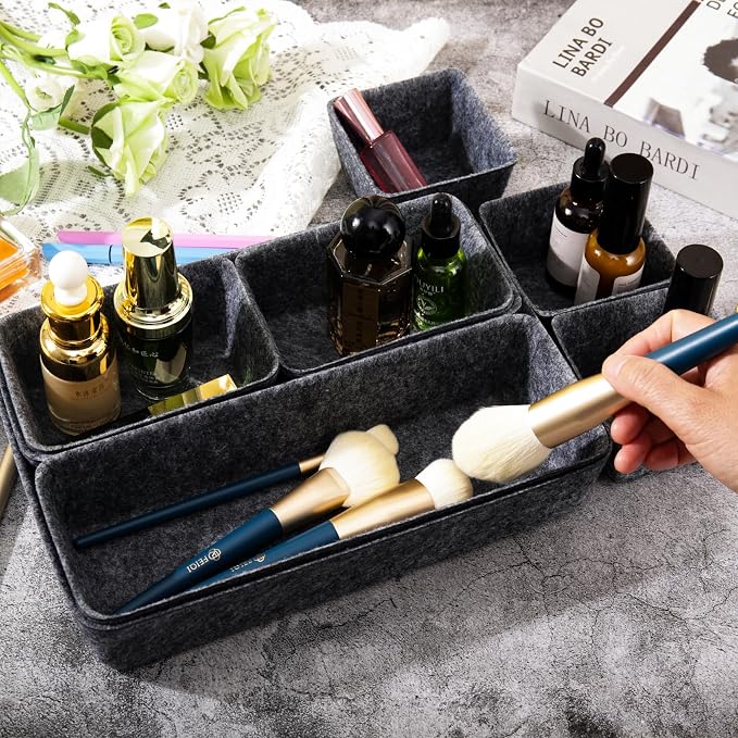 Desk Drawer Organizer Bins, 16pcs Felt Shallow Bathroom Storage Trays, Office Accessories & Workspace Organizers Jewelry & Makeup Boxes Containers(Black)
