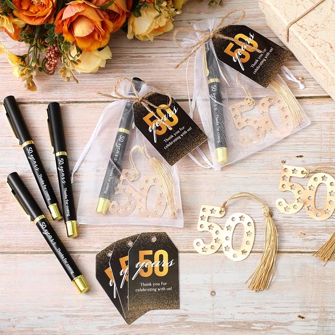 Spakon 50 Set 50th Birthday Party Favor for Guest Anniversary Party Favor Golden Birthday Bookmark Thanks Coming Pen with Tag Appreciation Gifts for Women Men Wedding Anniversary