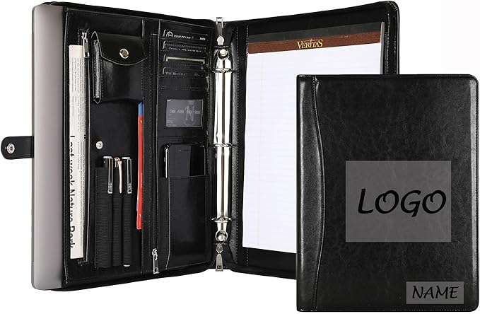 Black Leather Padfolio for Women/Men, Business Leather Binder 3 Ring Portfolio, Personalized Leather Portfolio Binder, Zippered Portfolio Organizer for A4 Notepad & 13-inch Laptop/Tablet