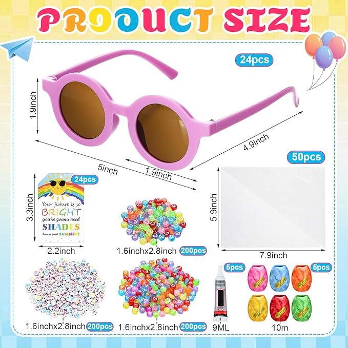 Kanayu 24 Sets End of Year DIY Sunglasses Kit for Class Souvenirs Gifts, Graduation Party Decorations with Beads, Encouraging Cards and Gift Bags DIY Name Sunglasses Students Graduation Return Gift