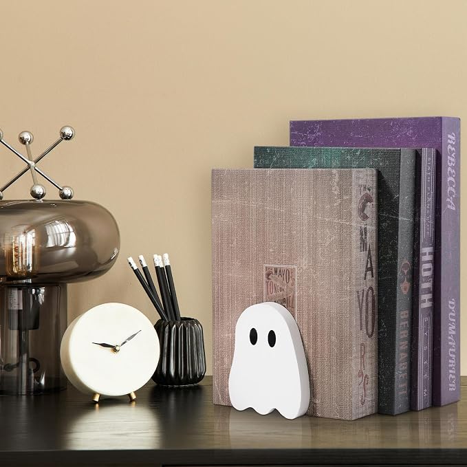 JarThenaAMCS 2Pcs Halloween Wood Bookends White Ghost Shape Wooden Book Stands Cute Ghost Non Skid Book Stoppers for Heavy Books Home School Office Library