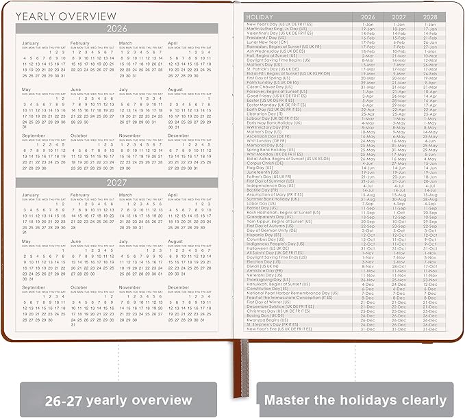 2026-2027 Planner - Academic Planner 2026-2027 Weekly & Monthly, July 2026 - June 2027, 5.75" x 8.25", Saffiano Leather with Thick Paper, Back Pocket with Notes Pages - Brown