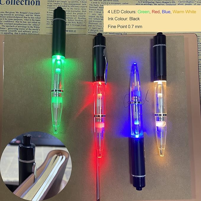 Glovion LED Light Pen, Lighted Ballpoint Pen Penlight for Nighttime Writing, LED Writing Pen Fine Point Black Ink–Mixed Color - Pack of 4 Pens