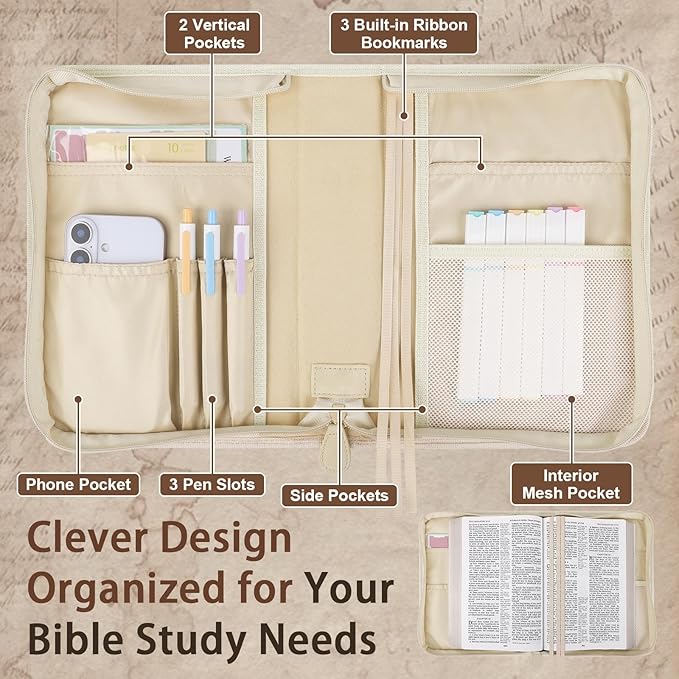 Classic Leather Bible Cover Case with Cross Design and Handle & Shoulder Strap for Women, Durable Bible Study Supplies Organizer Carrying Bag, Christmas Gifts for Christians with Gift Box（Beige